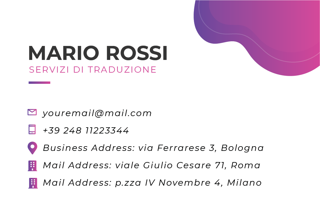 example business card of a company with registered office and two postal address addresses with Milan representative address