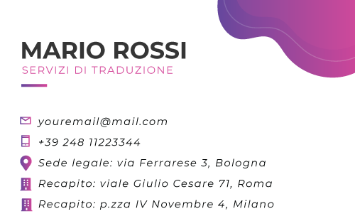 esempio biglietto da visita di azienda con sede legale e due indirizzi di domiciliazione postale con indirizzo di rappresentanza, uno a Milano ed uno a Roma